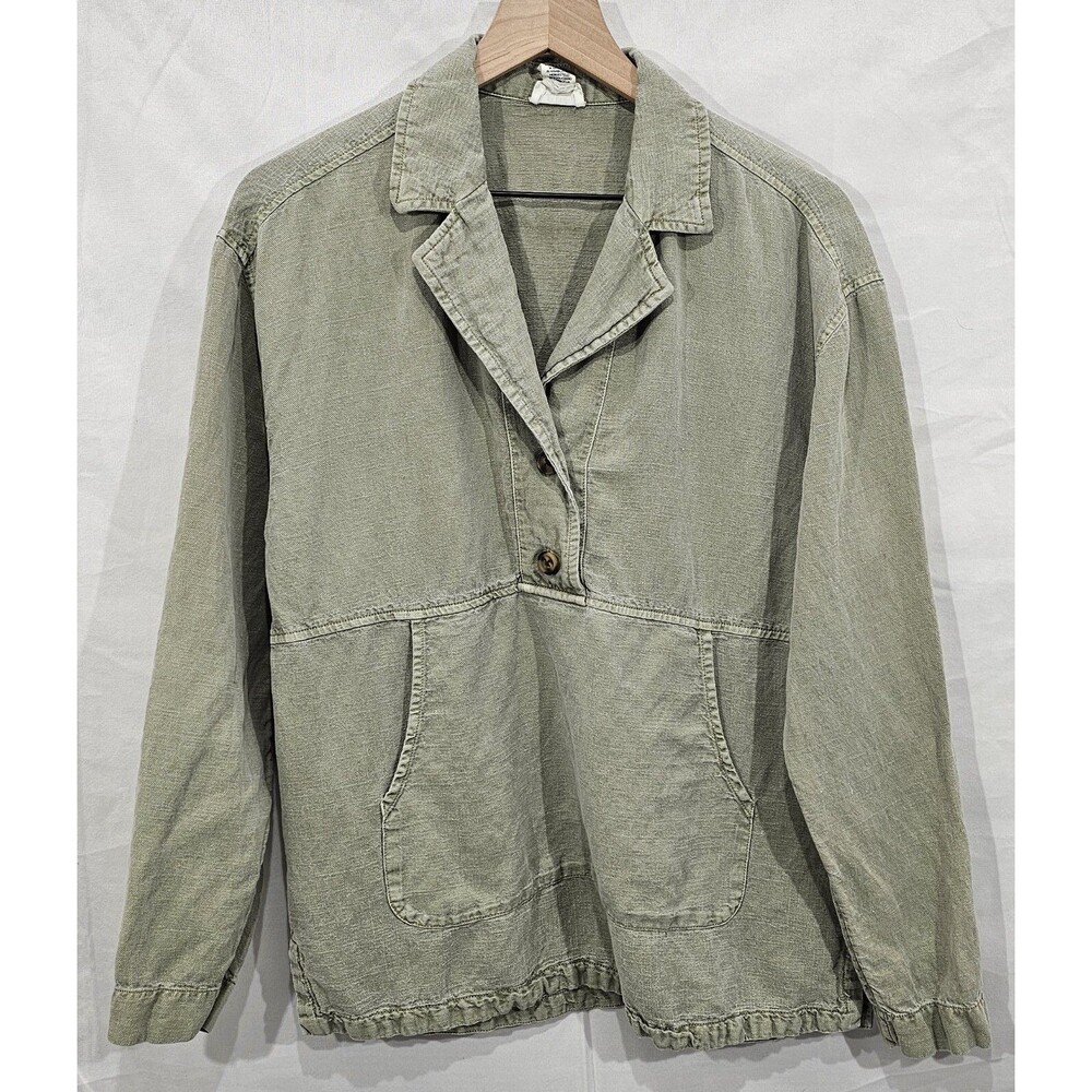 Nicole Miller Linen Blend Tunic S Long Sleeve Top Pocket Green Lagenlook Coastal